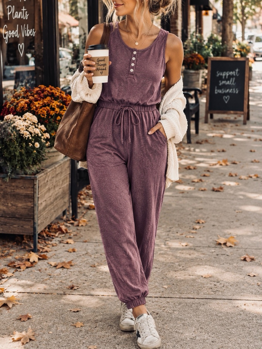 Zenana M Purple Sleeveless Jogger Jumpsuit Casual Lounge Fall